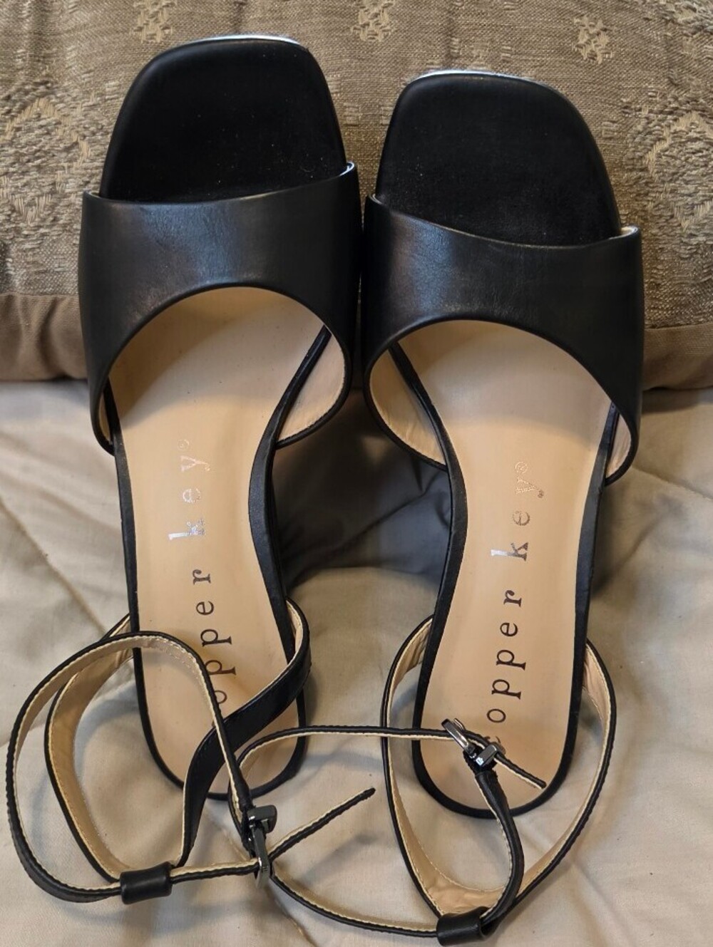 SOLD!!! Copper Key Black Block Heel Sandals with Ankle Strap, Size 9M